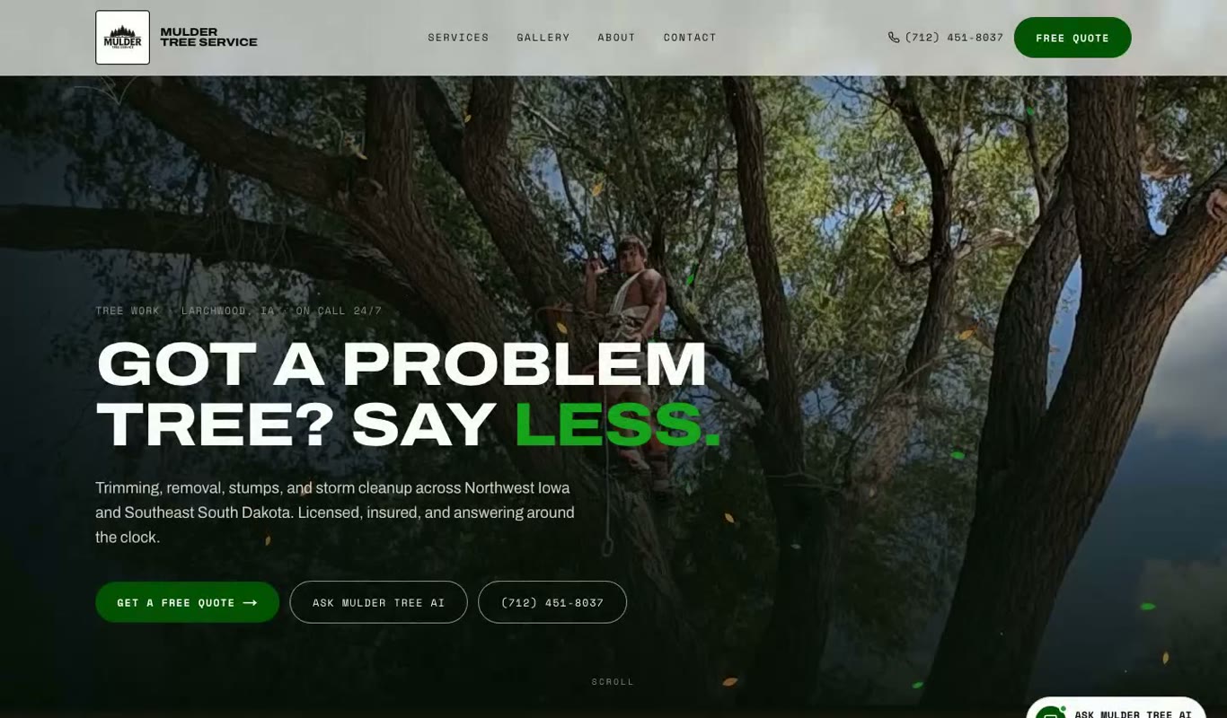 Screenshot of the Mulder Tree Service showcase build: a tappable phone number in the header, a free quote button, and the Ask Mulder Tree AI chat widget in the corner.