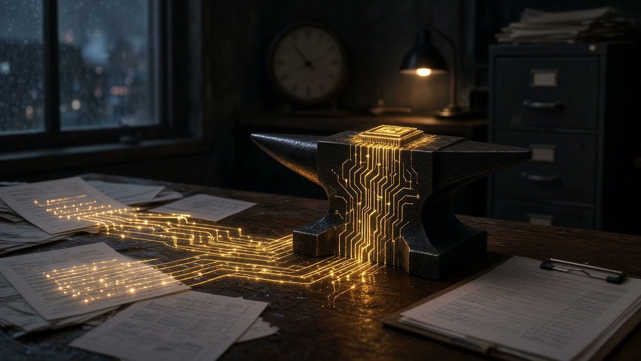 The LegacyForge emblem anvil on a cluttered back-office desk at night, gold circuit traces threading through invoices and straightening them into glowing rows