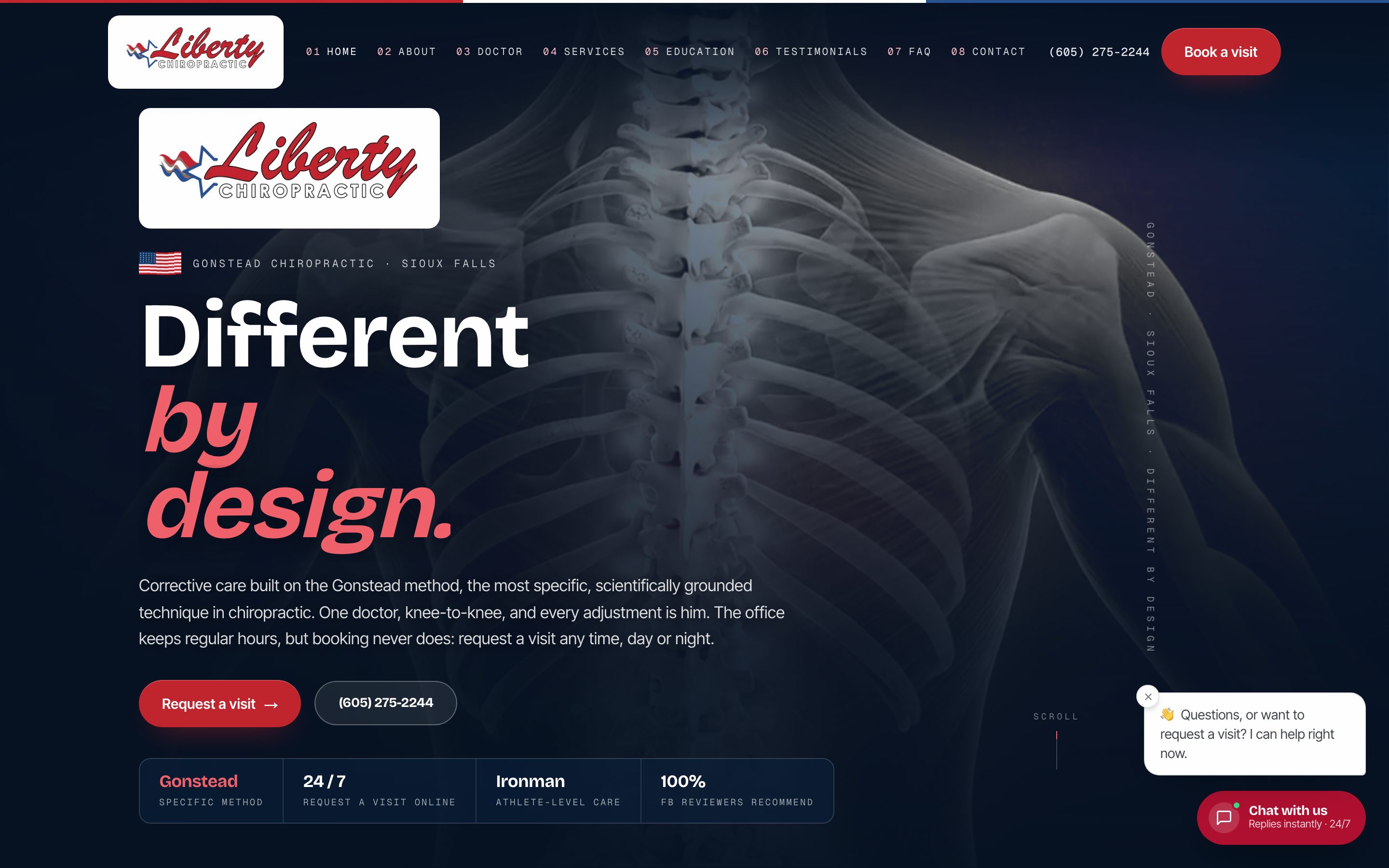 The Liberty Chiropractic site we built, with its 24/7 AI chat assistant open in the lower right corner