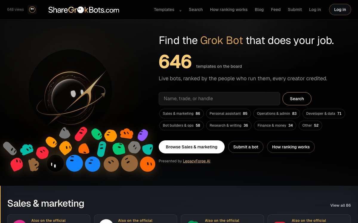 ShareGrokBots website by LegacyForge AI